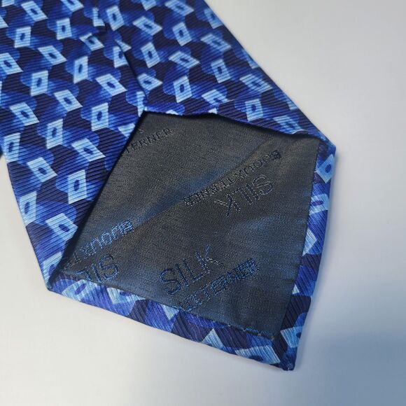 Bijoux Terner genuine silk tie blue geometric wave pattern 60in long 4in wide - Picture 8 of 8